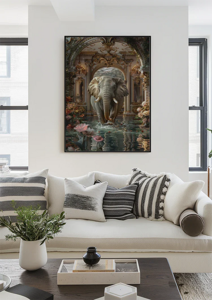 Majestueuze Olifant Fantasie Paleis Lotusbloemen Barok Ornament Schilderij