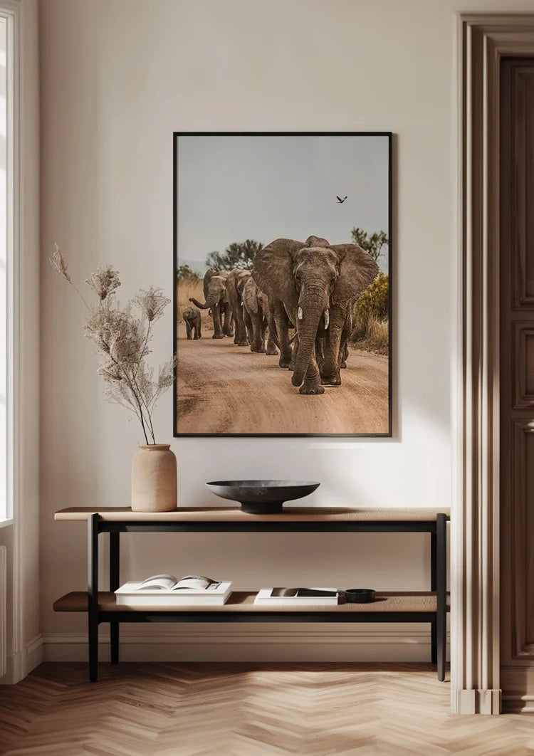 Kudde Olifanten Kalveren Zandpad Afrikaanse Natuur Schilderij