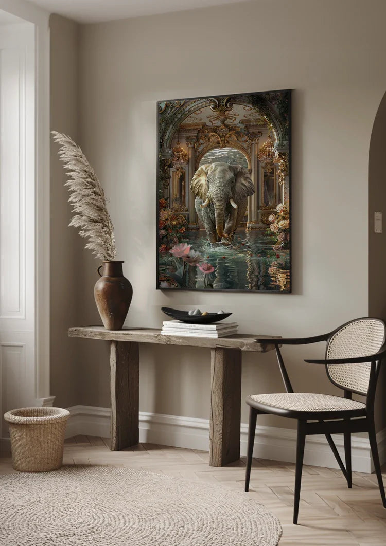 Majestueuze Olifant Fantasie Paleis Lotusbloemen Barok Ornament Schilderij
