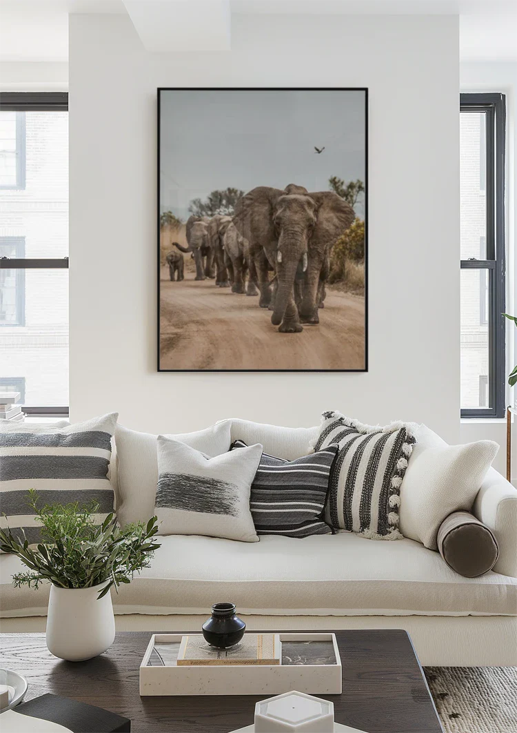 Kudde Olifanten Kalveren Zandpad Afrikaanse Natuur Schilderij