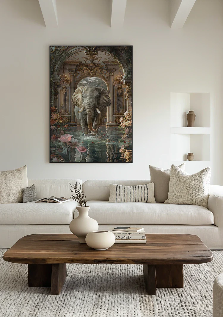 Majestueuze Olifant Fantasie Paleis Lotusbloemen Barok Ornament Schilderij