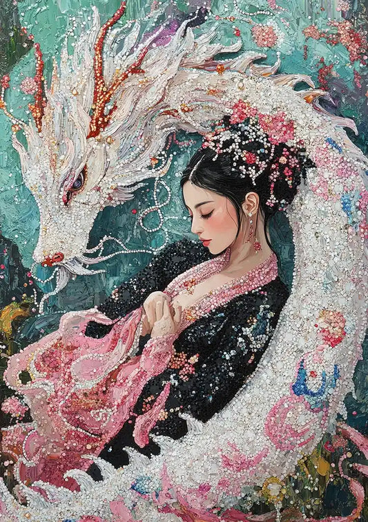 Japanse vrouw met witte draak canvas schilderij in roze en turquoise