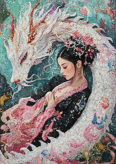 Japanische Frau mit weißem Drachen, Blumen, Kimono Leinwandbild