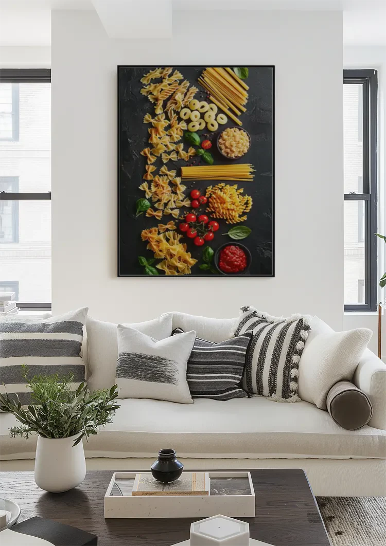 Colorful Italian Pasta Varieties Fusilli Spaghetti Tomatoes Dark Painting