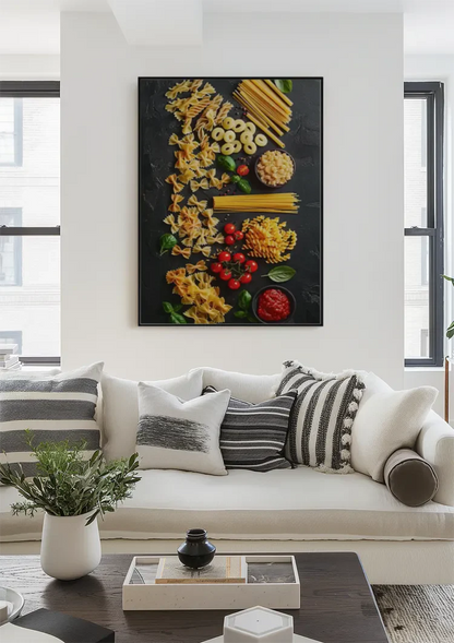 Colorful Italian Pasta Varieties Fusilli Spaghetti Tomatoes Dark Painting