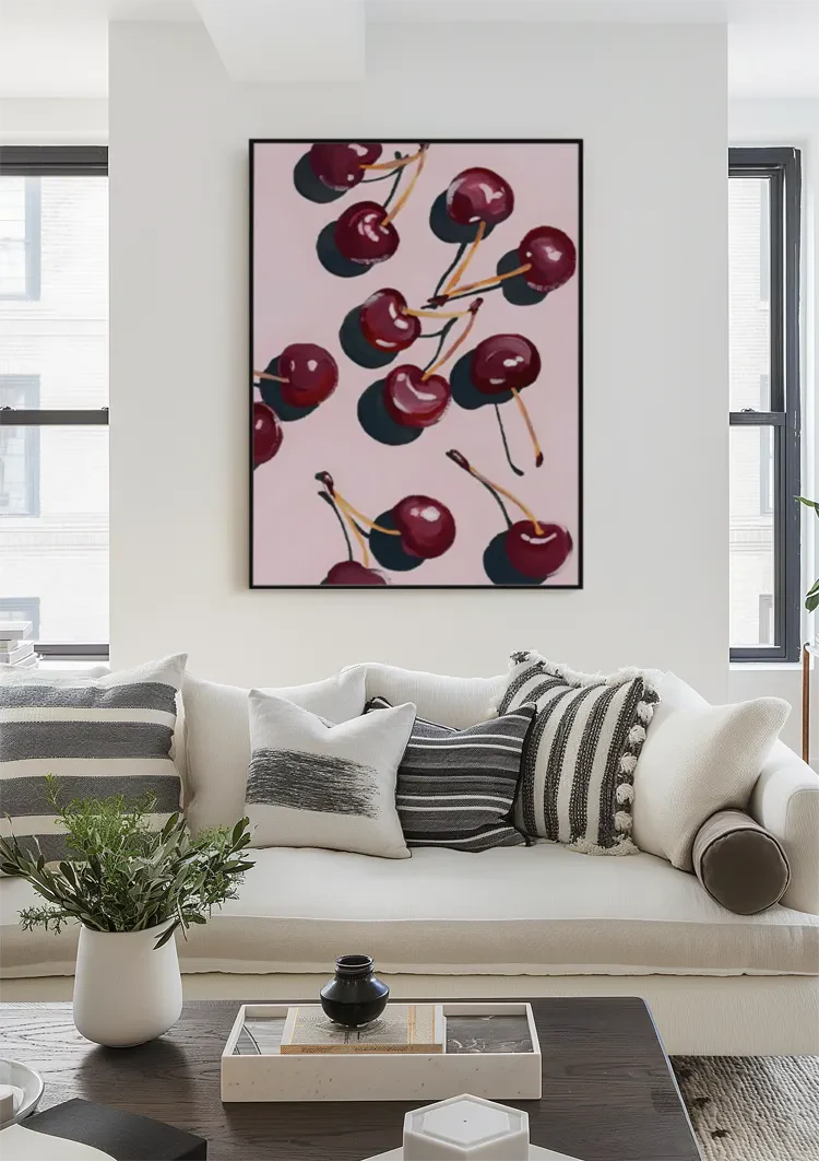 Dark Red Cherries Pink Background Fruit Still Life Painting