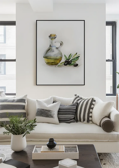 Olijfolie Fles Zwarte Olijftak Waterverf Botanisch Keuken Illustratie Schilderij