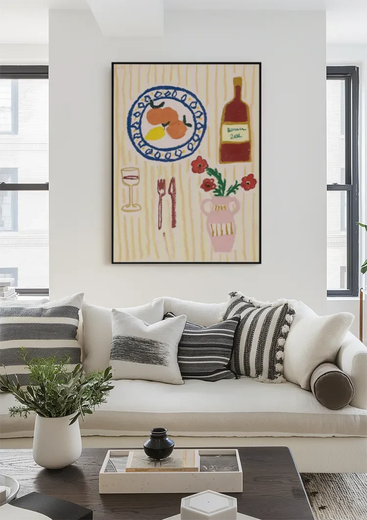 Playful Dining Table Arrangement Wine Oranges Red Flowers Painting