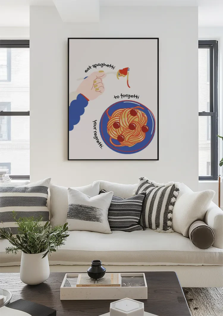 Spaghetti Teller Verspielte Illustration Essen Text Poster Gemälde