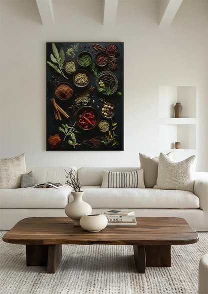 Assortiment Kruiden en Specerijen Donkere Achtergrond Bovenaanzicht Schilderij