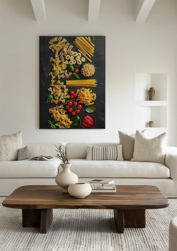 Colorful Italian Pasta Varieties Fusilli Spaghetti Tomatoes Dark Painting