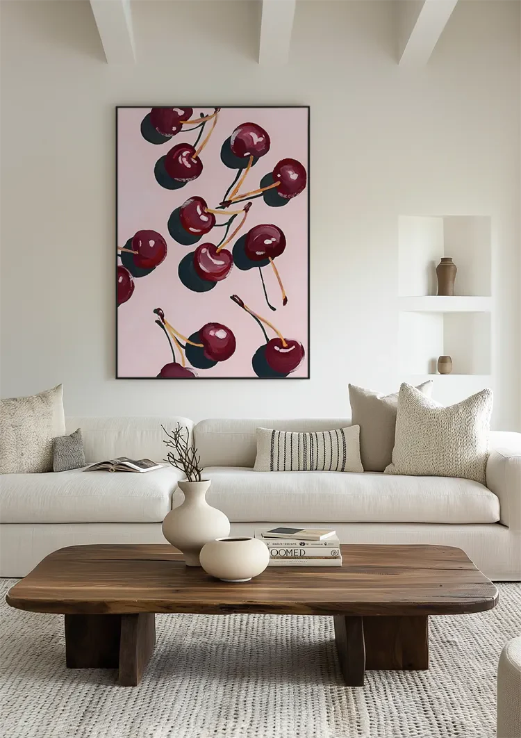 Dark Red Cherries Pink Background Fruit Still Life Painting