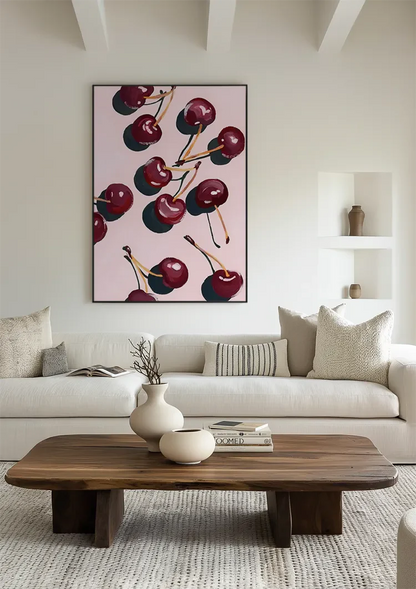 Dark Red Cherries Pink Background Fruit Still Life Painting