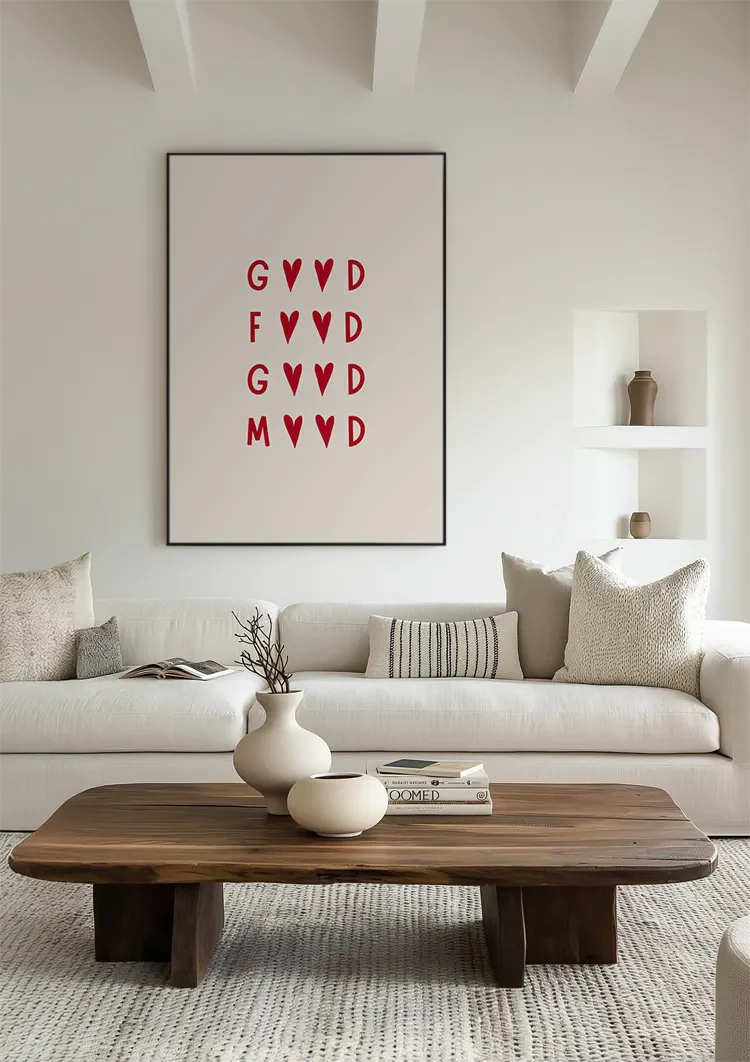 Good Food Good Mood Typografie Rote Herzen Creme Hintergrund Minimalistisches Gemälde