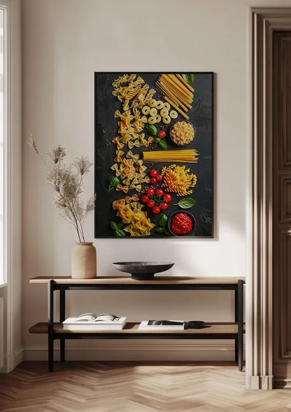 Colorful Italian Pasta Varieties Fusilli Spaghetti Tomatoes Dark Painting