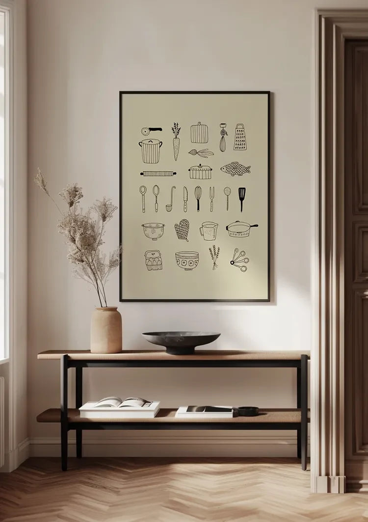 Küchenutensilien Linienillustration Beige Hintergrund Minimalistische Kochkunst-Malerei