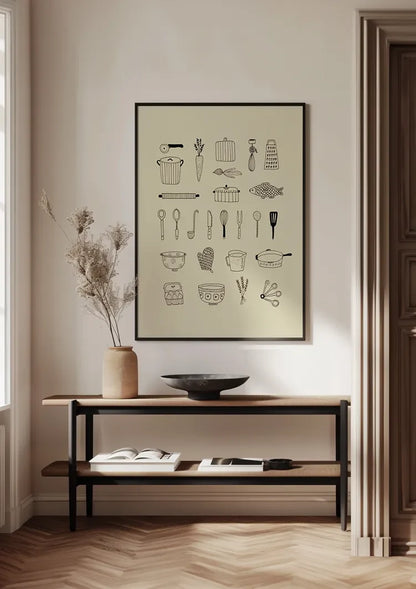 Küchenutensilien Linienillustration Beige Hintergrund Minimalistische Kochkunst-Malerei