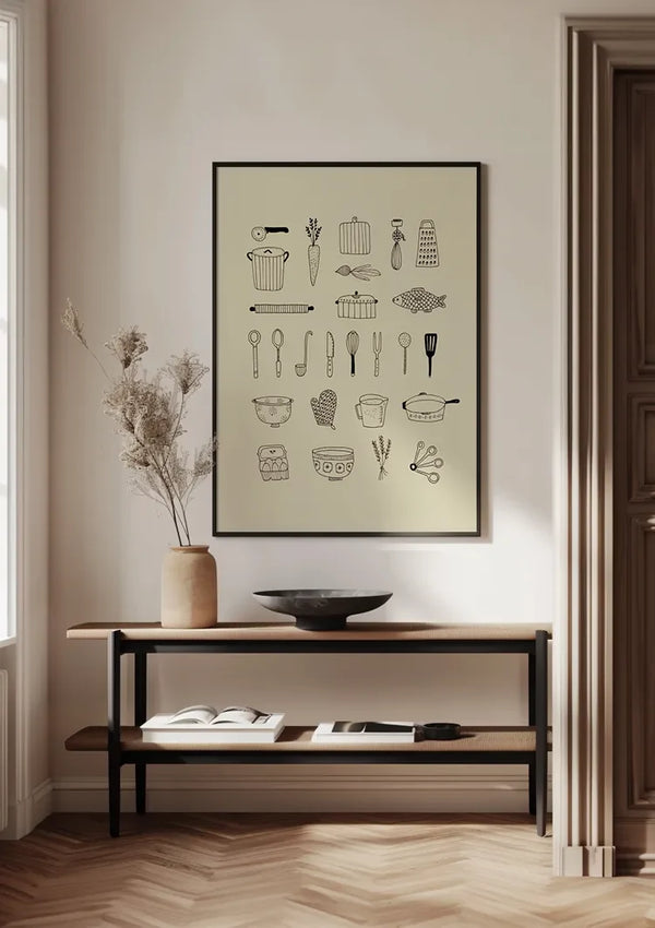 Küchenutensilien Linienillustration Beige Hintergrund Minimalistische Kochkunst-Malerei