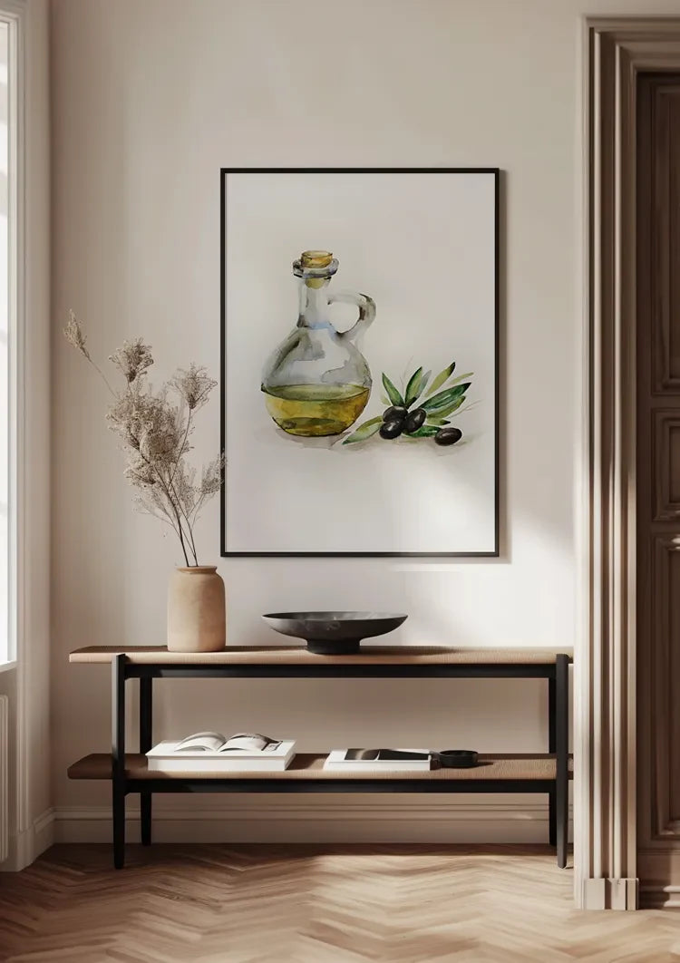 Olijfolie Fles Zwarte Olijftak Waterverf Botanisch Keuken Illustratie Schilderij