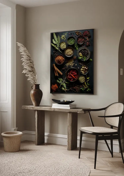 Assortiment Kruiden en Specerijen Donkere Achtergrond Bovenaanzicht Schilderij