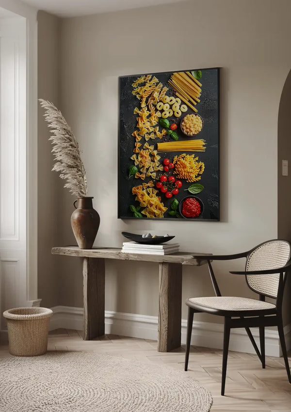 Colorful Italian Pasta Varieties Fusilli Spaghetti Tomatoes Dark Painting