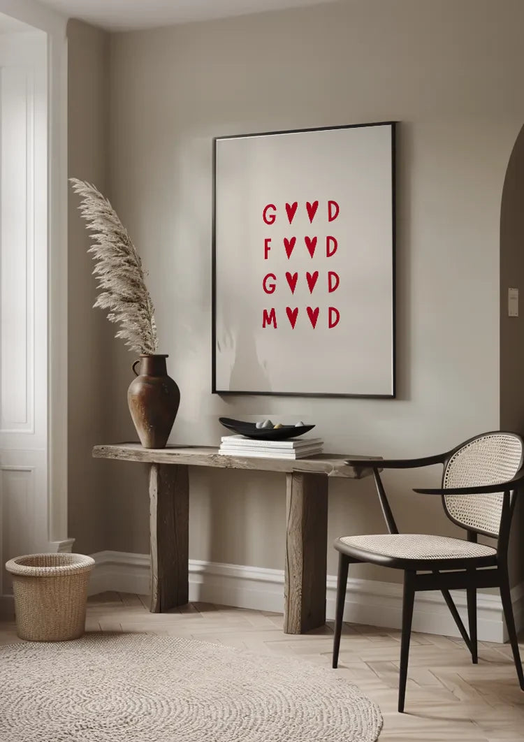 Good Food Good Mood Typografie Rote Herzen Creme Hintergrund Minimalistisches Gemälde