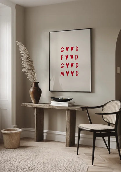 Good Food Good Mood Typografie Rote Herzen Creme Hintergrund Minimalistisches Gemälde