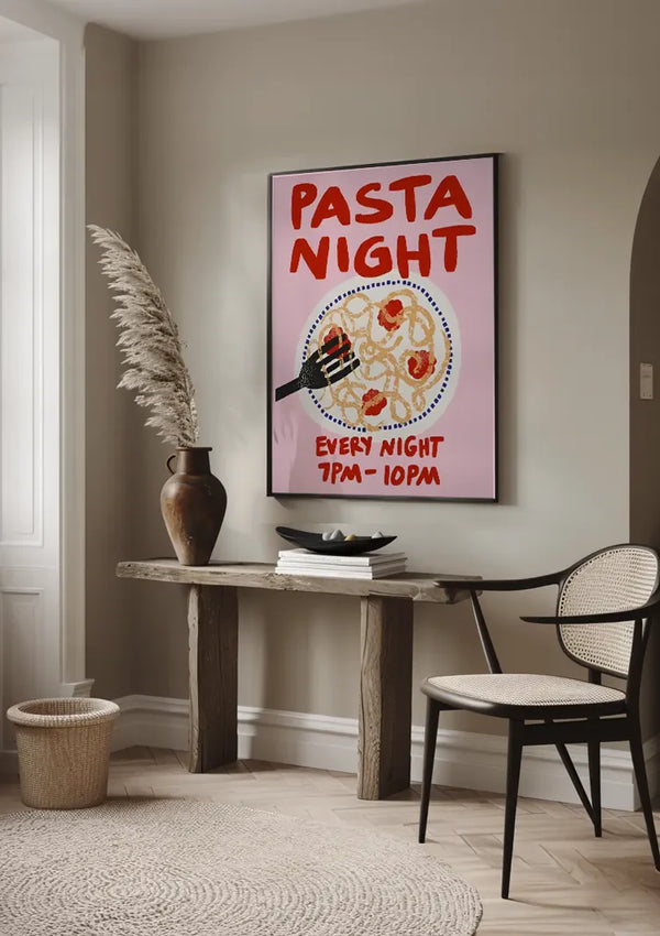 Pasta Night Retro Poster Pink Background Playful Illustration Italian Food Painting