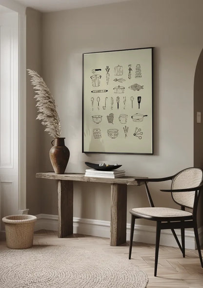 Küchenutensilien Linienillustration Beige Hintergrund Minimalistische Kochkunst-Malerei