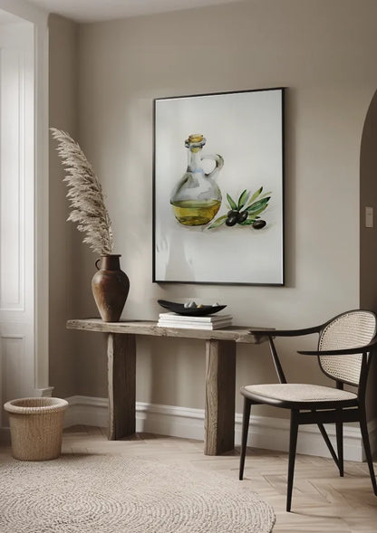 Olijfolie Fles Zwarte Olijftak Waterverf Botanisch Keuken Illustratie Schilderij