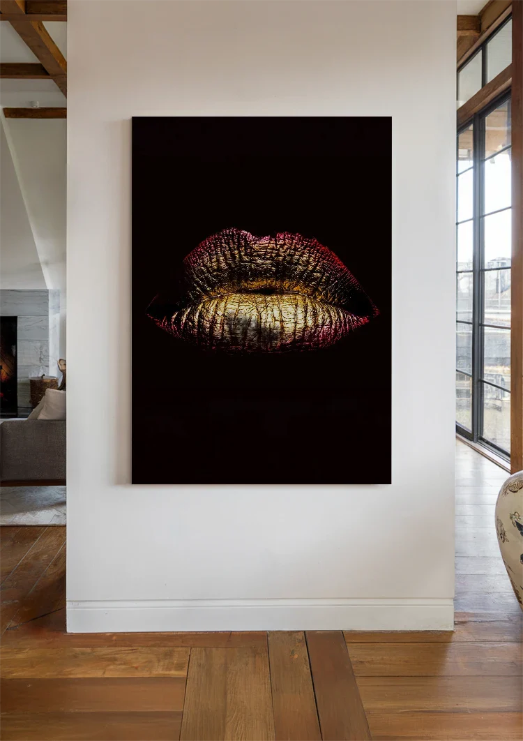 Gouden Lippen Metallic Zwarte Achtergrond Glamour Schilderij