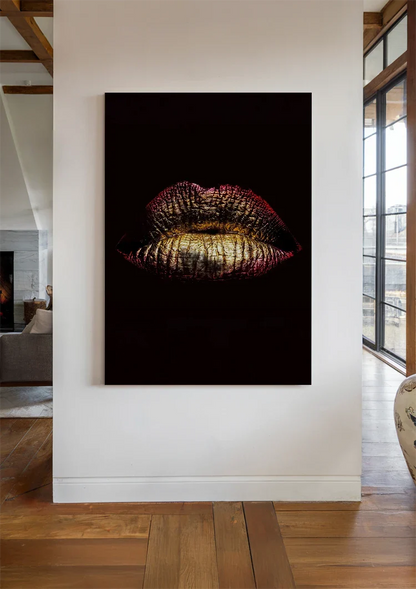 Gouden Lippen Metallic Zwarte Achtergrond Glamour Schilderij