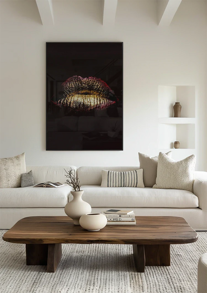Gouden Lippen Metallic Zwarte Achtergrond Glamour Schilderij