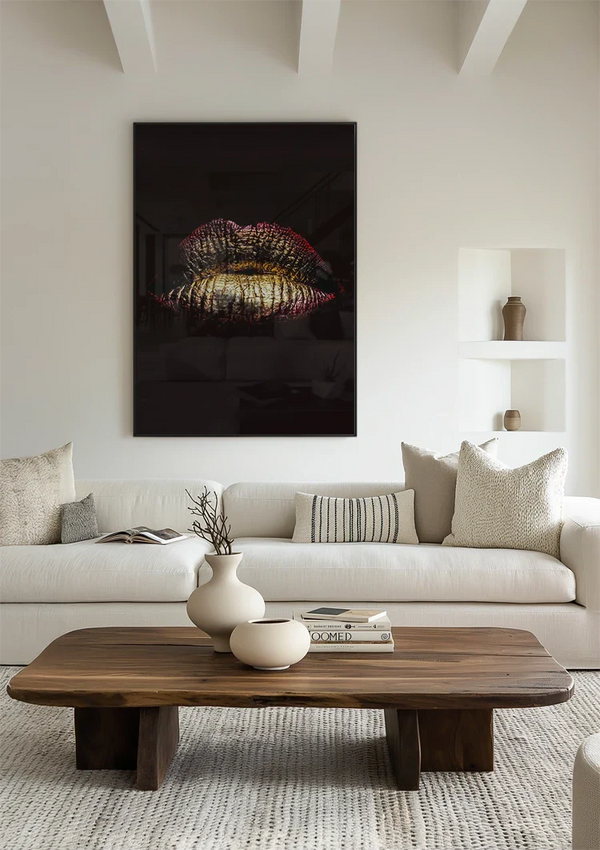 Gouden Lippen Metallic Zwarte Achtergrond Glamour Schilderij
