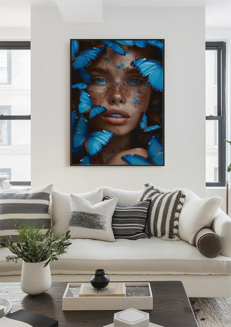 Female Portrait Surrounded by Blue Butterflies Dramatic Colorful Painting