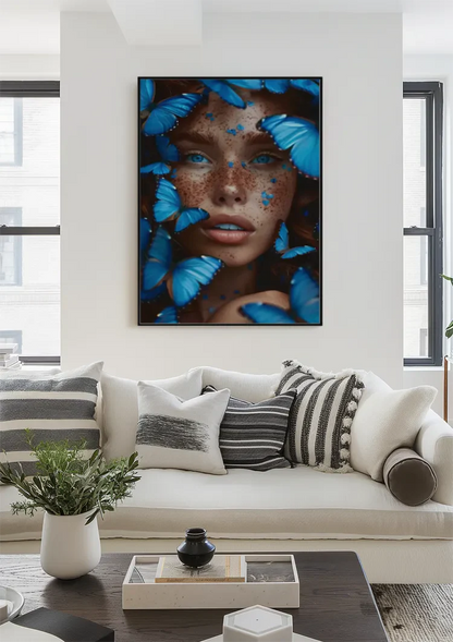 Female Portrait Surrounded by Blue Butterflies Dramatic Colorful Painting