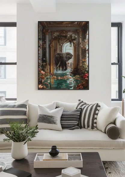 Olifant Fantasie Barokke Zaal Gouden Ornament Bloemen Water Surrealistisch Schilderij