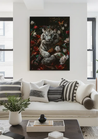 Witte Tijger Kroon Kleurrijke Bloemen Vlinders Donkere Achtergrond Fantasie Schilderij