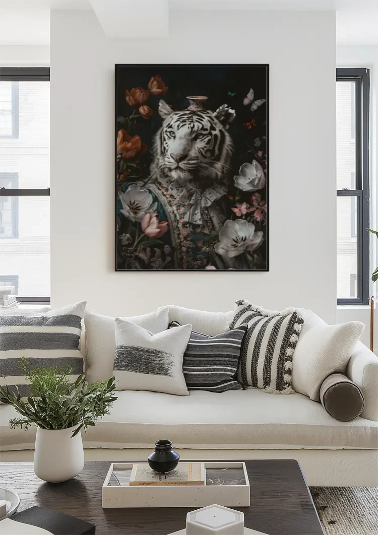 Witte Tijger Barok Kostuum Bloemen Vlinders Vaas Elegant Portret Schilderij