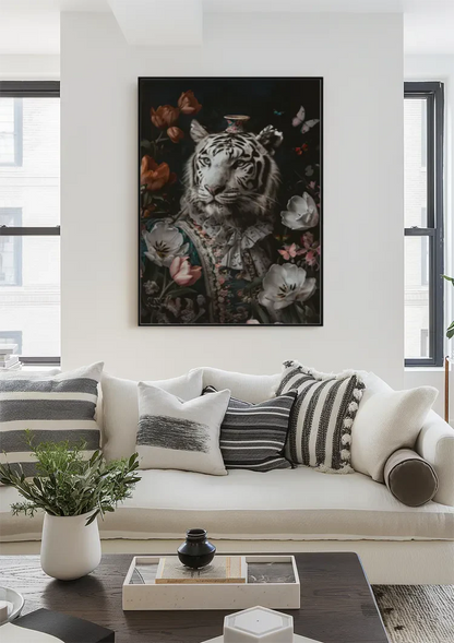 Witte Tijger Barok Kostuum Bloemen Vlinders Vaas Elegant Portret Schilderij