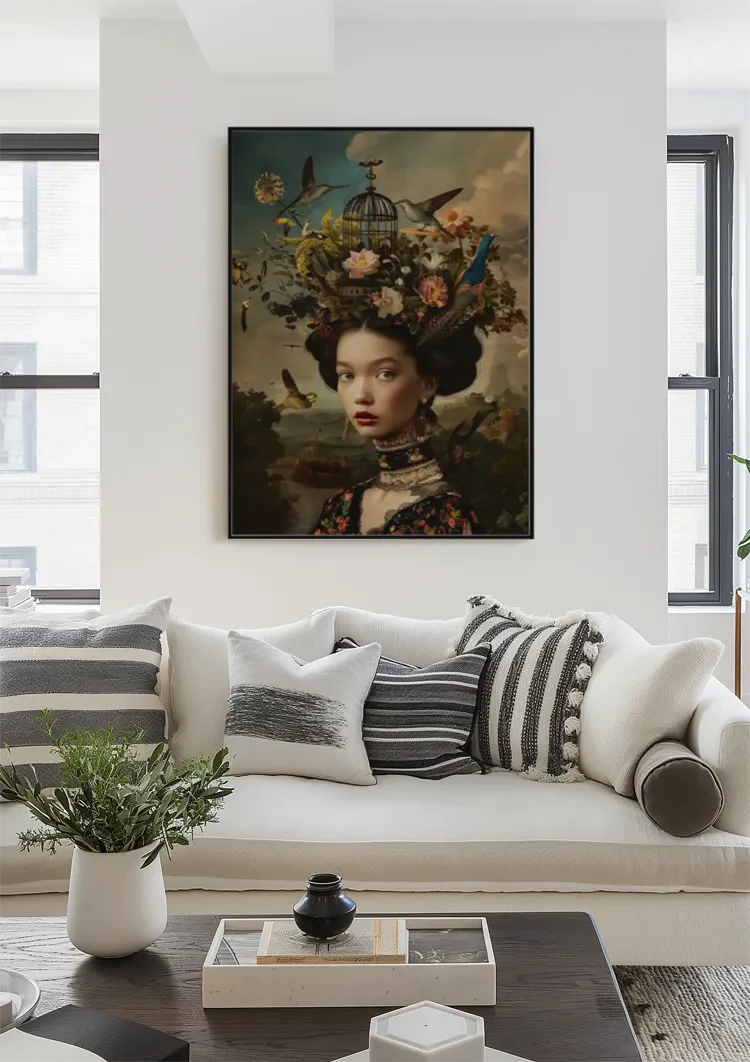 Vrouw Bloemen Vogels Donker Barok Portret Schilderij