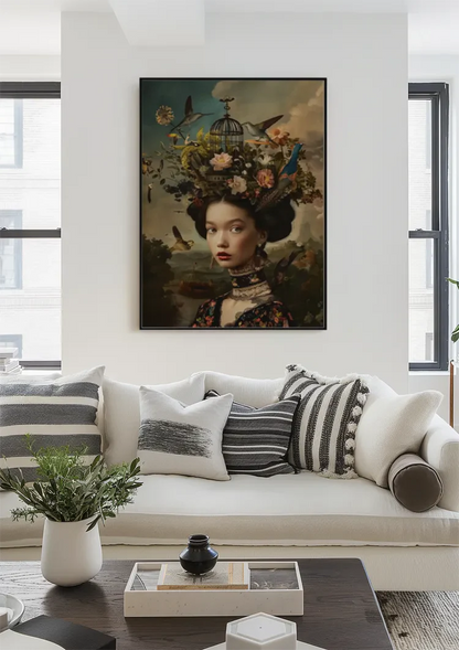 Vrouw Bloemen Vogels Donker Barok Portret Schilderij