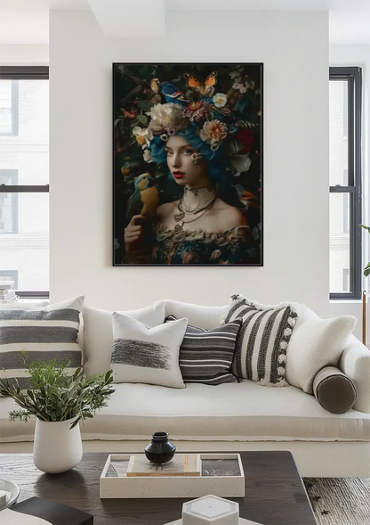 Frau Blaues Haar Blumenkranz Vögel Natur Porträt Gemälde