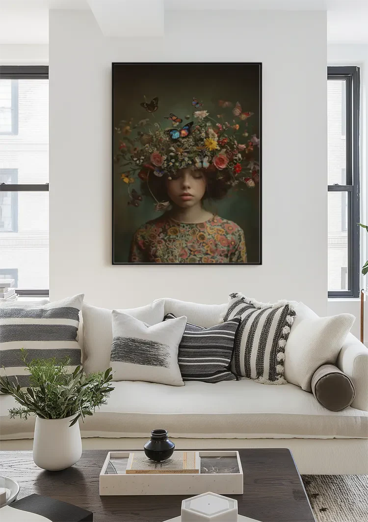 Girl with Flower Crown and Butterflies Dreamy Nature Portrait Painting