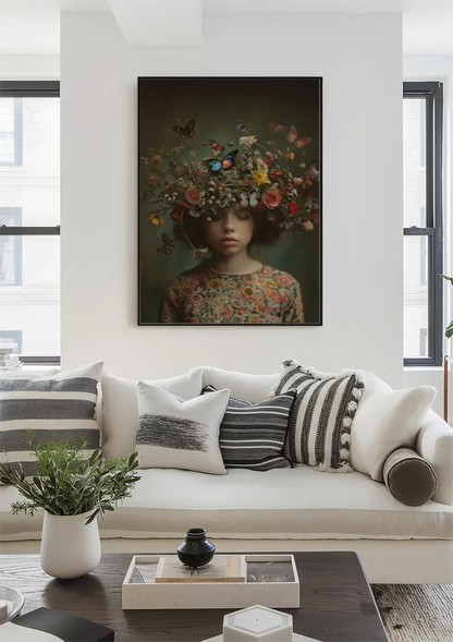 Girl with Flower Crown and Butterflies Dreamy Nature Portrait Painting