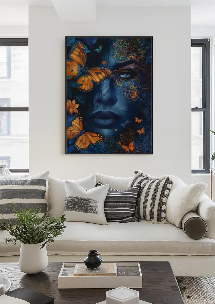 Woman Blue Skin Orange Butterflies Golden Ornament Mystical Painting