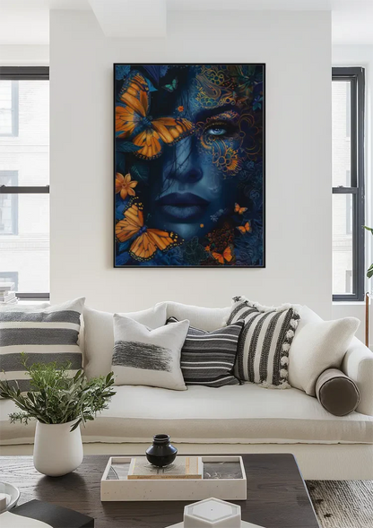 Woman Blue Skin Orange Butterflies Golden Ornament Mystical Painting