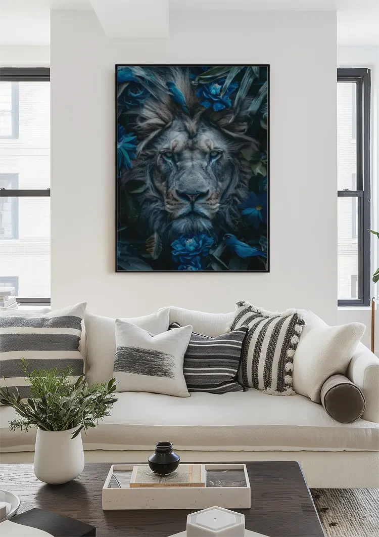Majestueuze Leeuw Blauwe Bloemen Natuur Portret Schilderij