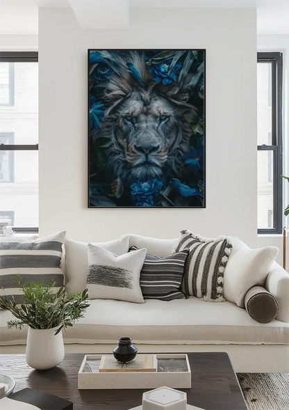 Majestueuze Leeuw Blauwe Bloemen Natuur Portret Schilderij