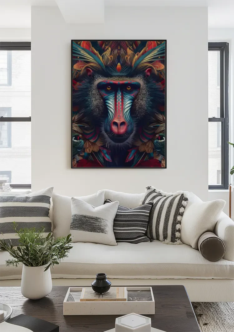 Kleurrijke Mandril Blauw Rood Gezicht Patroon Exotisch Portret Schilderij